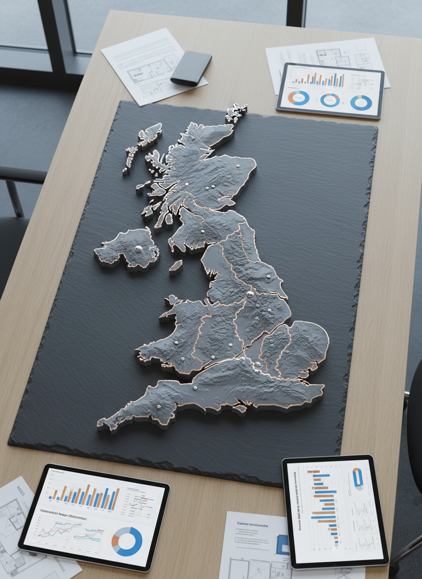 A detailed overhead view of the United Kingdom shaped as a precise, raised topographic relief map carved from smooth matte slate, with major regions subtly delineated by fine metallic inlays in soft copper and brushed silver. The map rests on a wide, light-oak desk surrounded by neatly arranged documents showing clean, colorful economic charts and graphs. Cool, diffused daylight enters from the left, casting gentle shadows that emphasize the contours of the terrain. The mood is professional, optimistic, and analytical. Photographic realism with a clean, modern aesthetic, shot with sharp focus throughout and a slightly elevated camera angle, composed using the rule of thirds to balance the map with the surrounding analytical materials, conveying a sense of strategic planning for a fairer UK economy.