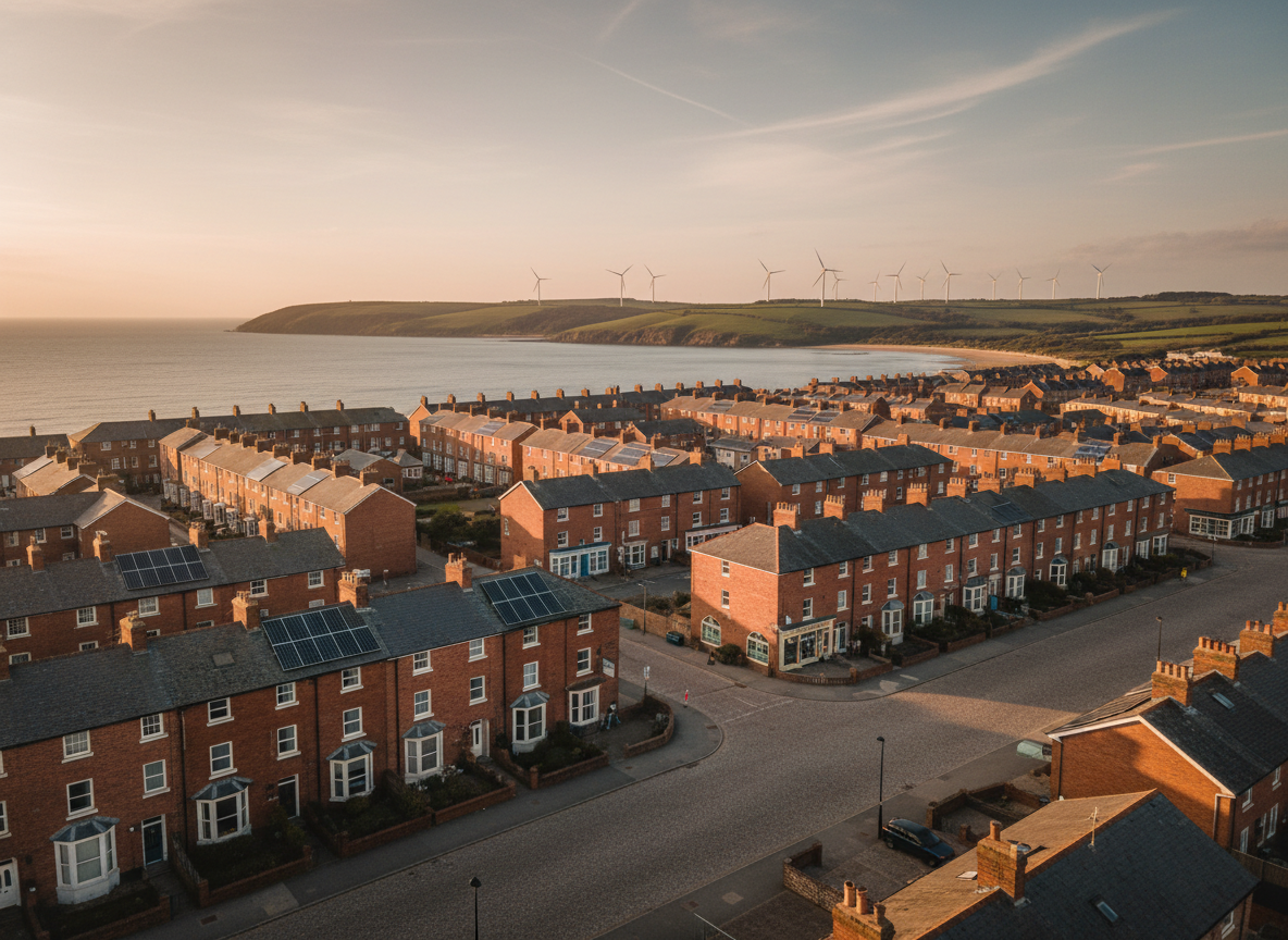An expansive, eye-level view of a UK coastal town rendered in photographic realism, seen from a slight distance with no people present. Neat rows of brick terraced houses, small independent shops with discreet signage, and a modern wind turbine array on the surrounding hills are depicted with high-detail textures. Solar panels glint softly on several rooftops. The scene is bathed in warm early-evening light, casting long, soft shadows that lend depth without harshness. The sea in the background is calm and slightly reflective. The composition follows the rule of thirds, with the town in the lower frame and sky above, conveying a balanced, resilient community under a new, greener economic plan. The atmosphere is quietly optimistic and grounded.