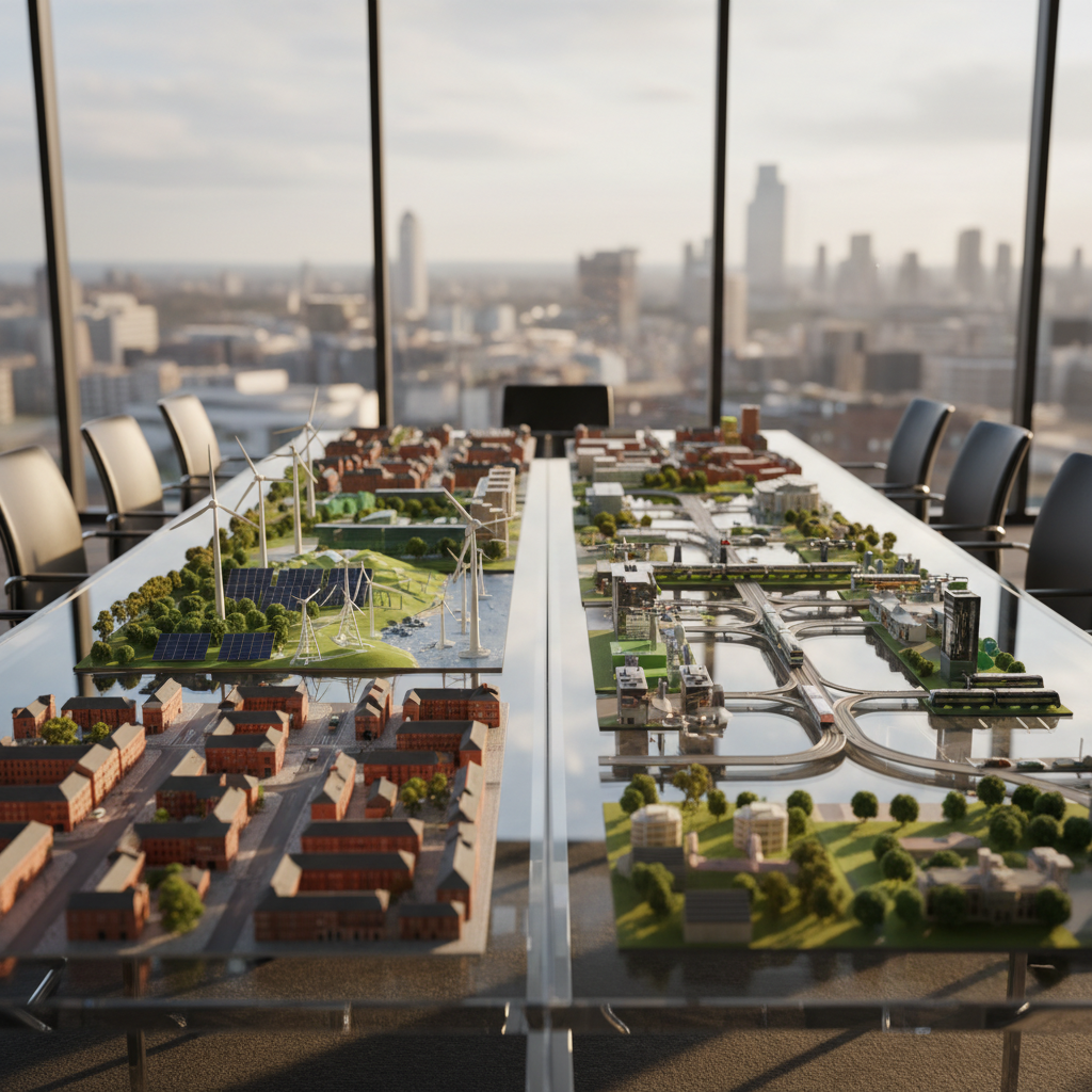 A modern, glass-walled conference table seen from eye level, its surface covered not with paperwork but with carefully arranged, small-scale 3D models of UK towns, green energy installations, and transport networks. Each model is crafted with precise, realistic textures: brick, steel, glass, and lush green foliage. Outside the windows, a soft-focus city skyline suggests a major UK city without showing people. Late-afternoon natural light floods the room, reflecting subtly on the glass and metal surfaces, creating a calm but purposeful atmosphere. The composition uses depth of field to keep the foreground models crisp while the background gently blurs, embodying photographic realism and a professional, forward-looking mood about reimagining economic infrastructure.