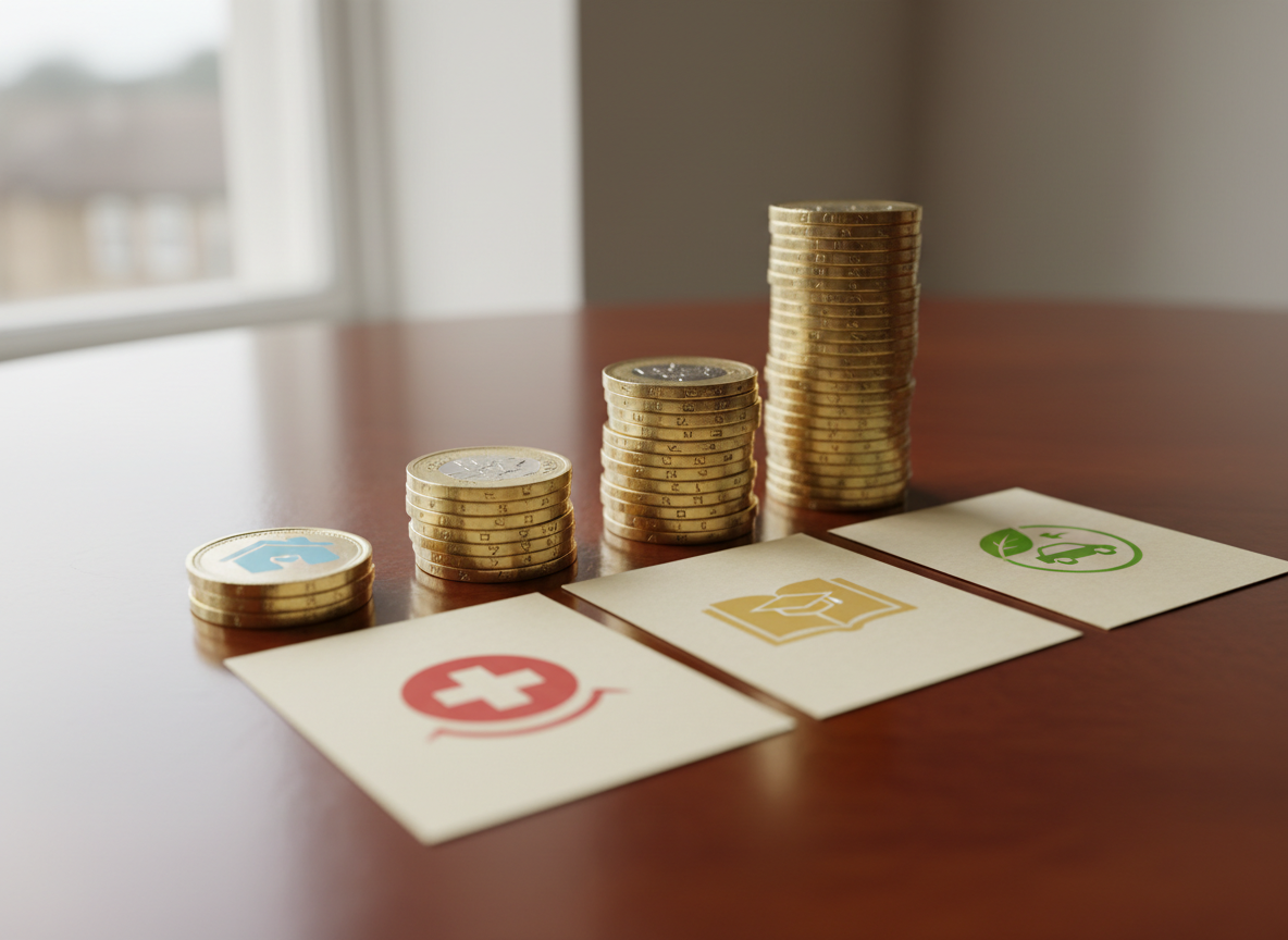 A close-up, photographic-realistic image of a polished wooden table where three distinct stacks of British pound coins are arranged in a rising staircase pattern. Around them, finely printed cards display icons of housing, healthcare, education, and green transport, each card printed on thick, textured white stock with minimalist, colorful symbols. Soft, overcast daylight from a nearby window creates even, diffused lighting, with subtle highlights on the metallic coin edges and mild shadows that anchor each object. The mood is measured, hopeful, and transparent. Shot from a low, side angle with shallow depth of field, focusing sharply on the middle stack of coins while the background cards blur slightly, symbolizing equitable prosperity and well-planned resource allocation.